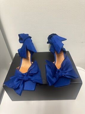 Ganni Royal Blue Satin Bow Ankle Lace Up Heel Sandals, Very comfy tiny heel